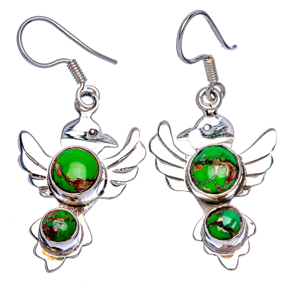 Green Copper Composite Turquoise Bird Earrings 1 5/8" (925 Sterling Silver) E433240