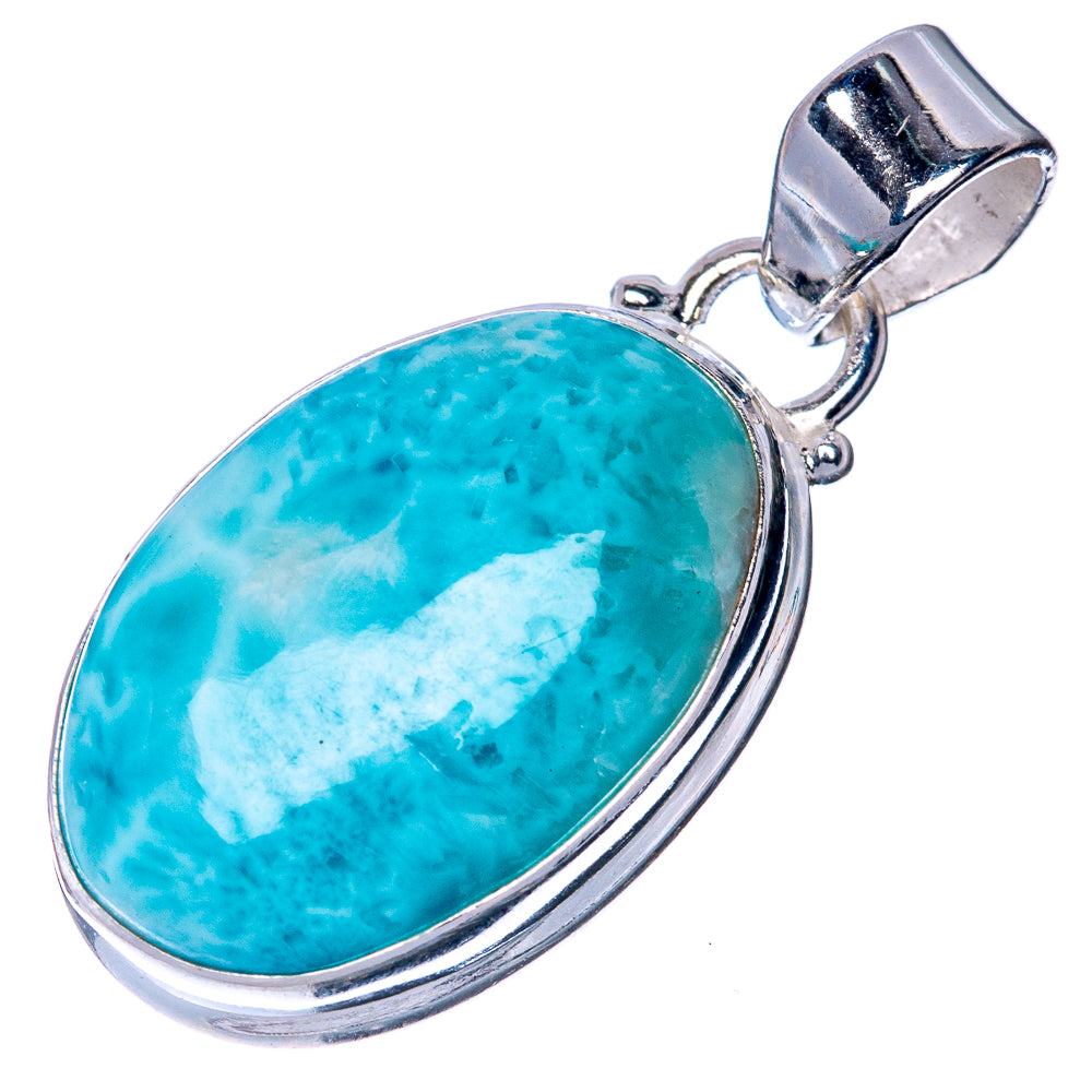 Oval turquoise larimar pendant with polished 925 sterling silver bezel and top bail