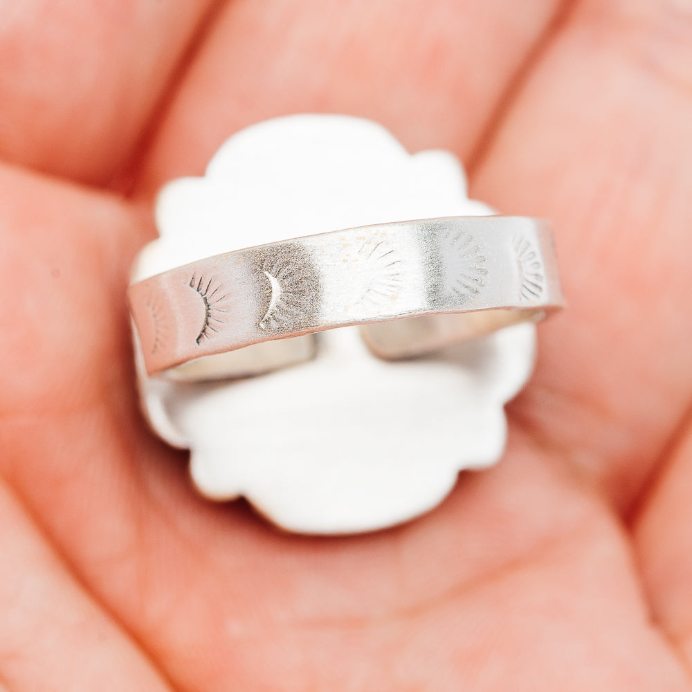 Sterling silver ring band with engraved detailing, adjustable fit