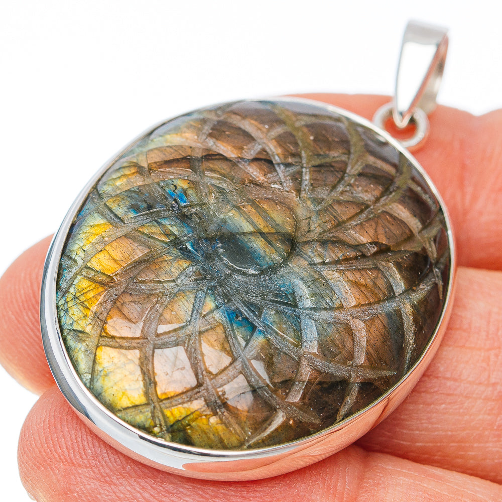 Hand Carved Premium Labradorite Pendant 1 3/4" (.925 Sterling Silver)