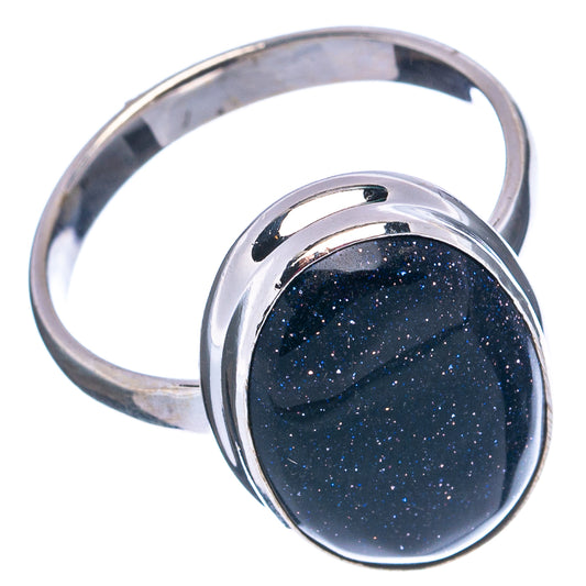 Oval blue goldstone ring in polished .925 sterling silver, wide band