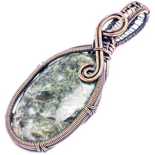 Oxidized copper wire-wrapped seraphinite pendant, oval teardrop stone with coiled border