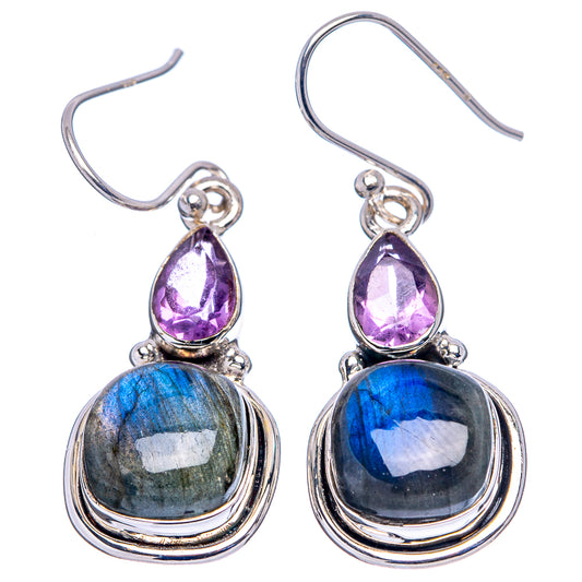 Sterling silver labradorite and purple teardrop drop earrings with oval stones