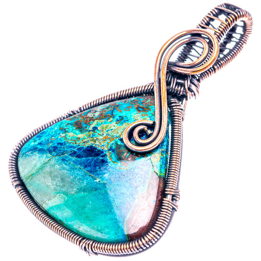 Oxidized copper teardrop wire-wrap pendant with blue-green marbled stone and bail