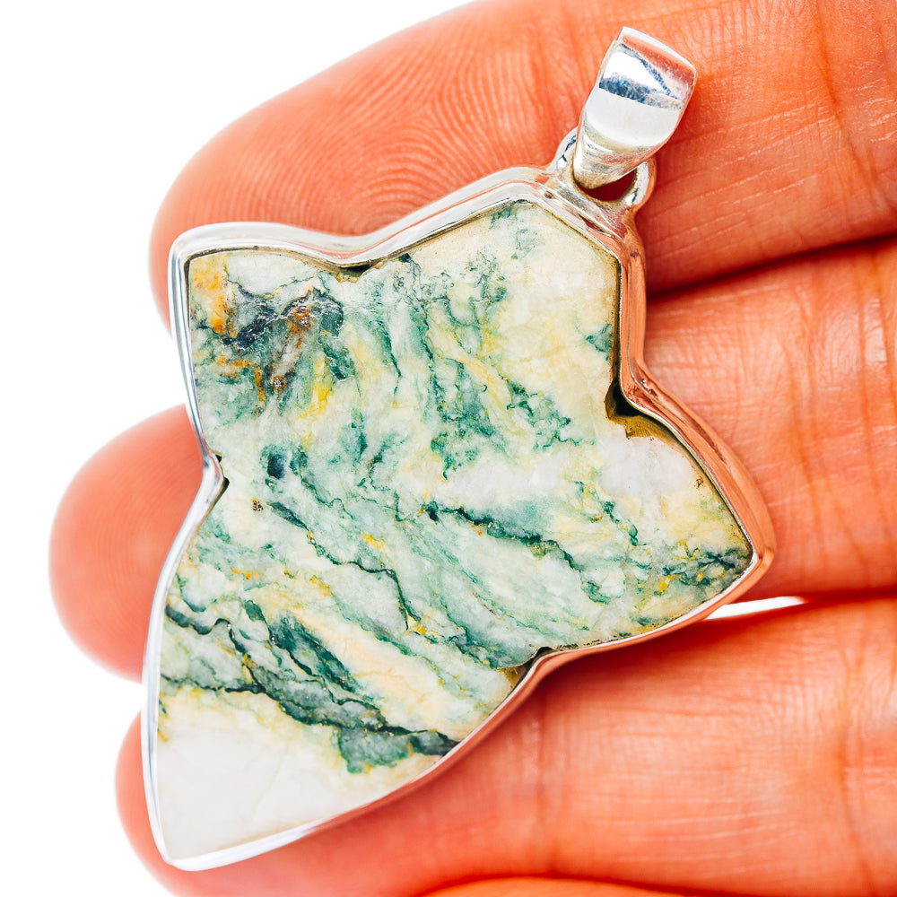 Tree Agate Leaf Pendant 1 7/8" (.925 Sterling Silver)