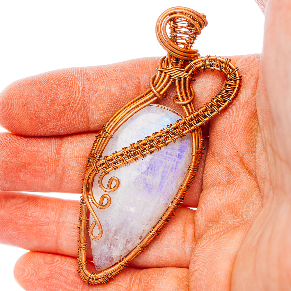 Rainbow Moonstone Wire Wrap Pendant 2 7/8" (Copper)