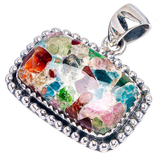 Sterling silver tourmaline matrix pendant, open bail top and rectangular bezel with colorful stones