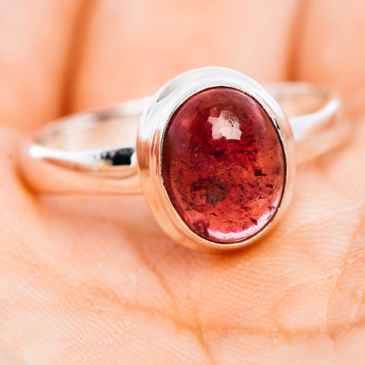 Sterling silver oval tourmaline ring with pink-red cabochon stone, size 9.75