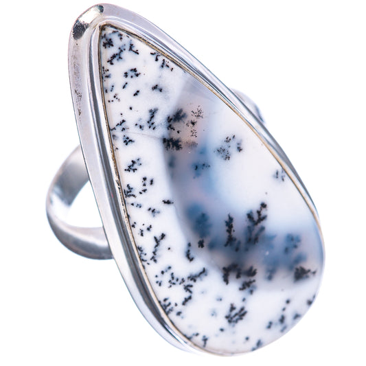 Sterling silver oval dendritic opal cabochon ring with bezel setting and black inclusions