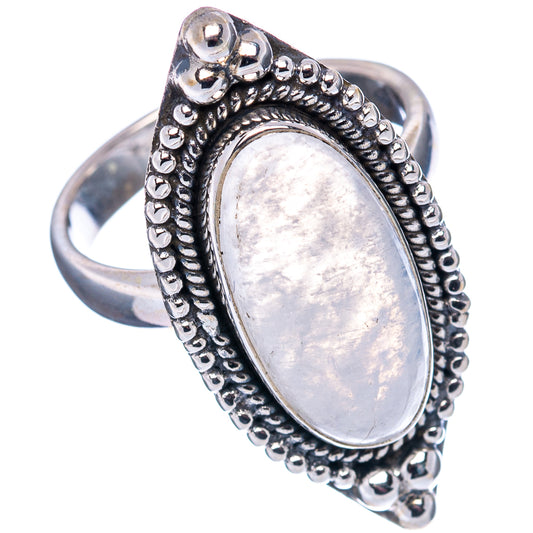 Sterling silver moonstone ring, oval iridescent stone in openwork beaded frame