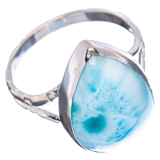 Sterling silver ring with oval blue larimar gemstone, side view on band