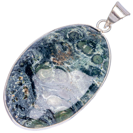 Silver-plated galaxy jasper oval pendant with blue-green stone and silver frame, bail
