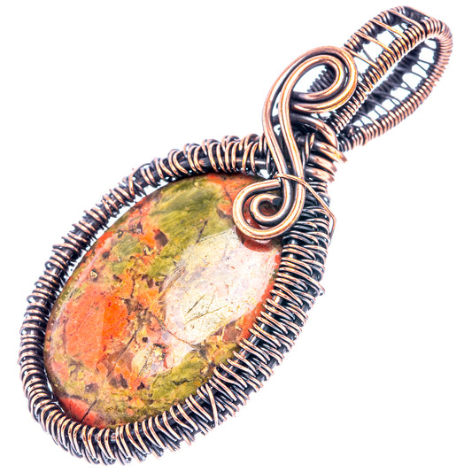 Oxidized copper wire-wrapped unakite teardrop pendant, full spiral wrap