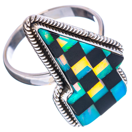 Sterling silver ring with raised black-and-teal checkered gemstone, side view, size 11