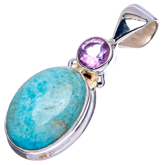 Larimar pendant with oval blue larimar stone and purple round gem, polished .925 silver bail