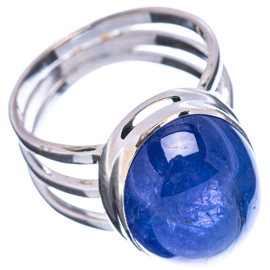 Oval blue tanzanite gemstone ring with .925 sterling silver band, side view