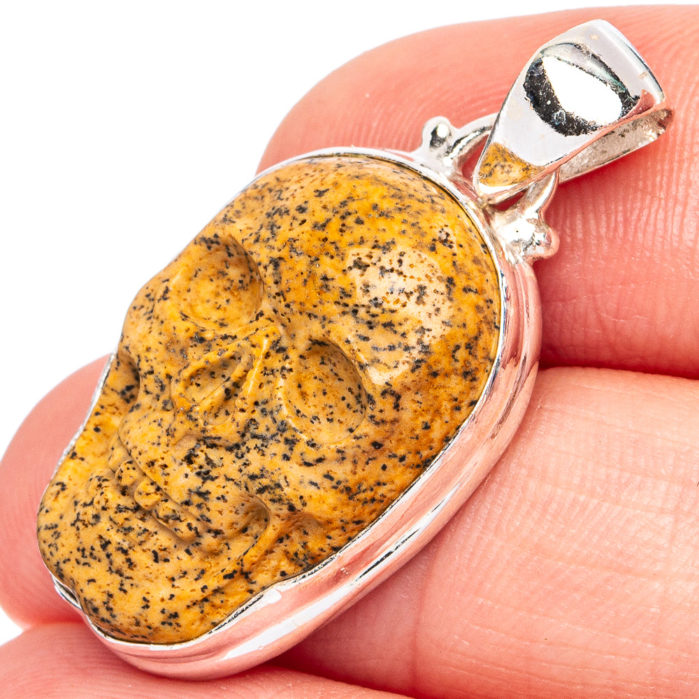 Picture jasper skull pendant, oval yellow stone with black speckles in silver bezel