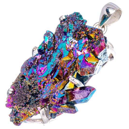 Sterling silver aura quartz pendant with large rainbow iridescent druzy crystal and bail