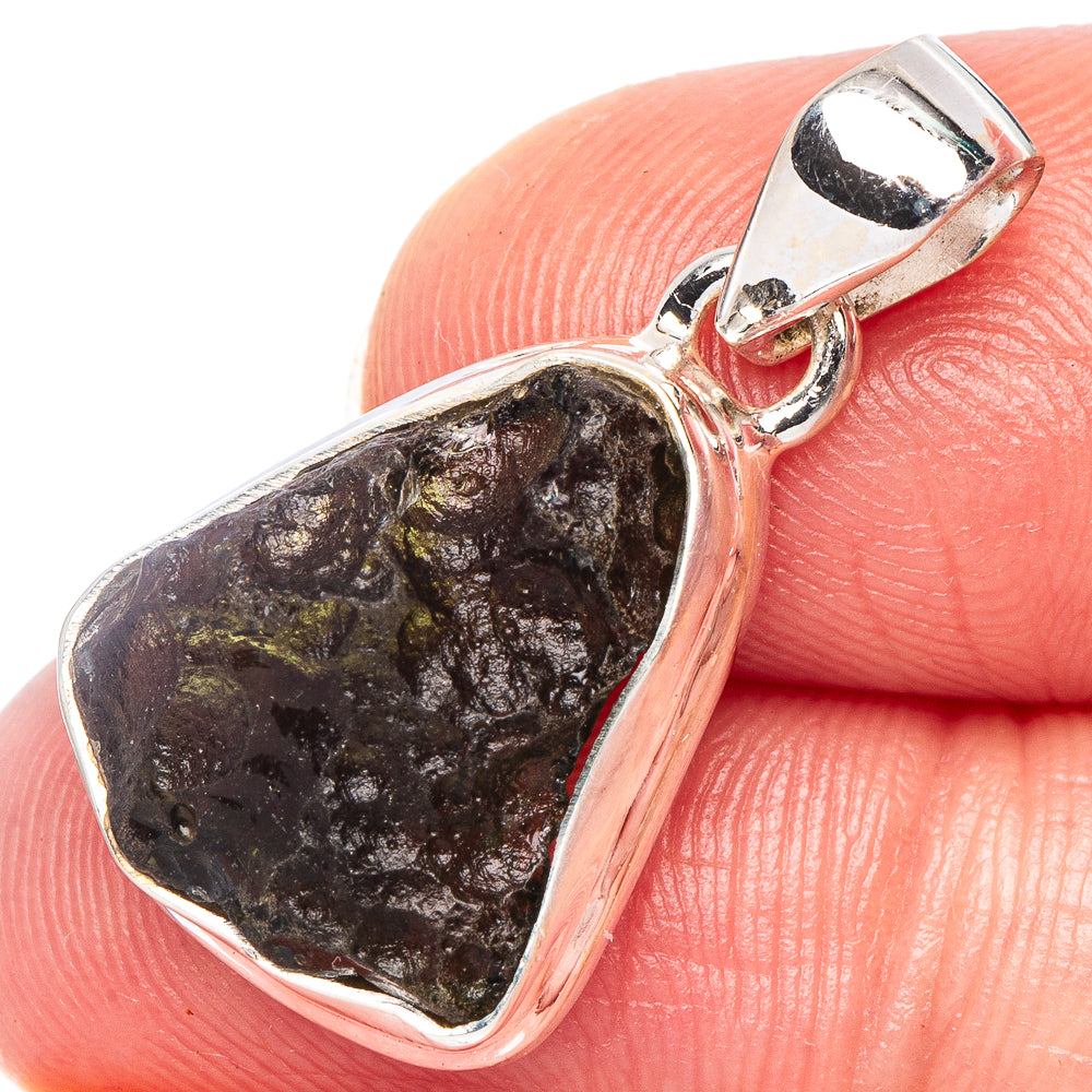 Rare moldavite pendant with dark rough green stone in 925 sterling silver bezel