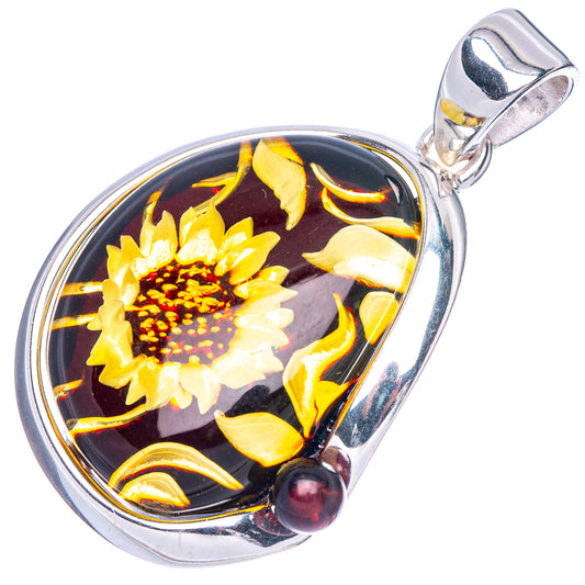 Amber Intaglio Sunflower Pendant 1 1/2" (925 Sterling Silver) P42557