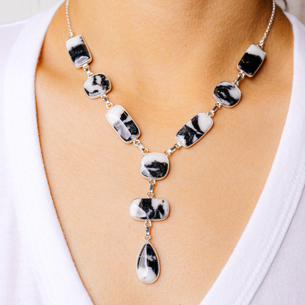 925 sterling silver necklace with black and white jasper beads and teardrop pendant
