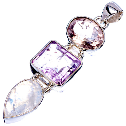 Sterling silver gemstone pendant with round pink center, purple square, and light oval stones