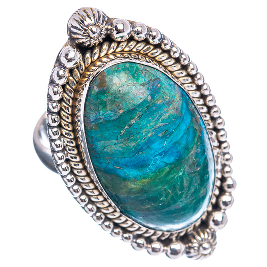 Sterling silver opal ring, oval blue-green stone with ornate bead setting, size 9 (.925)