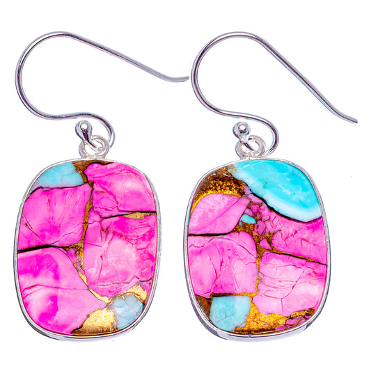 Oval sterling silver drop earrings with magenta and turquoise stone inlays, French hooks