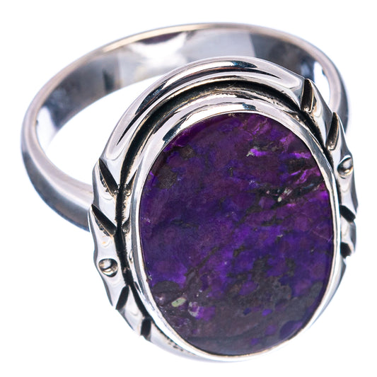 Sterling silver sugilite ring, oval purple stone set in raised bezel with side accents