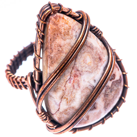 Oxidized copper wire ring with oval rosetta jasper cabochon and raised side wraps