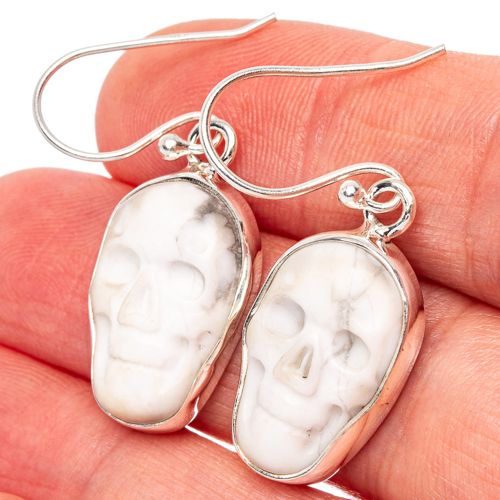 Howlite skull drop earrings: oval white stone with 925 sterling silver hooks