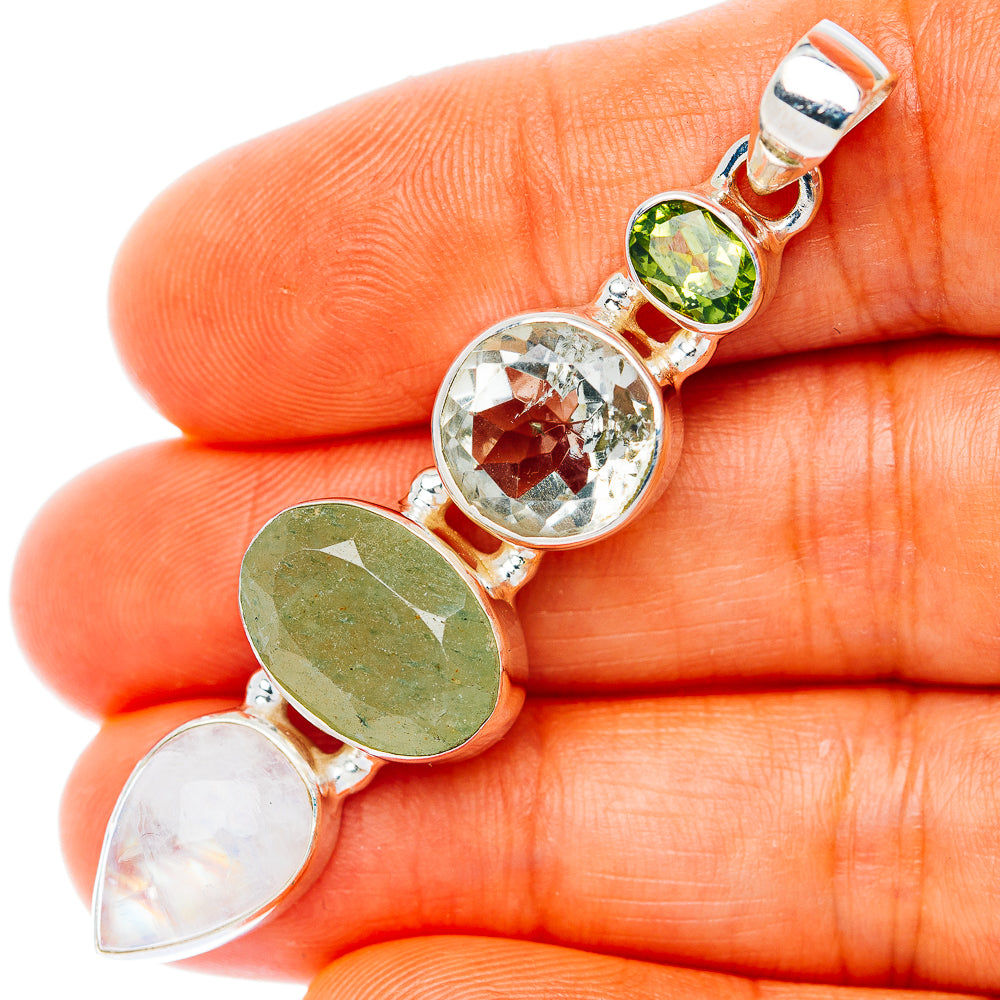 Premium Multi-Gem Rainbow Moonstone, Prehnite,Green Amethyst, Peridot Pendant 2 1/4" (.925 Sterling Silver)