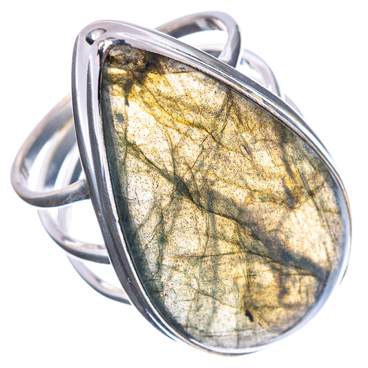 Labradorite ring, oval teardrop golden flash, size 10.25, .925 sterling silver.