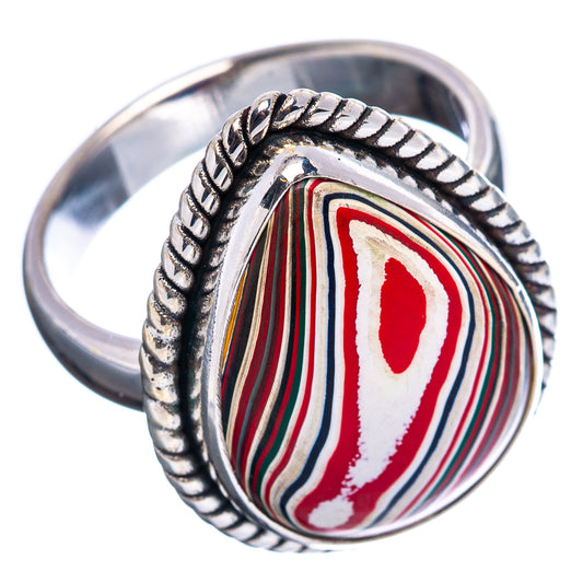 Sterling silver Fordite ring with oval red-white-blue-green striped cabochon and rope bezel