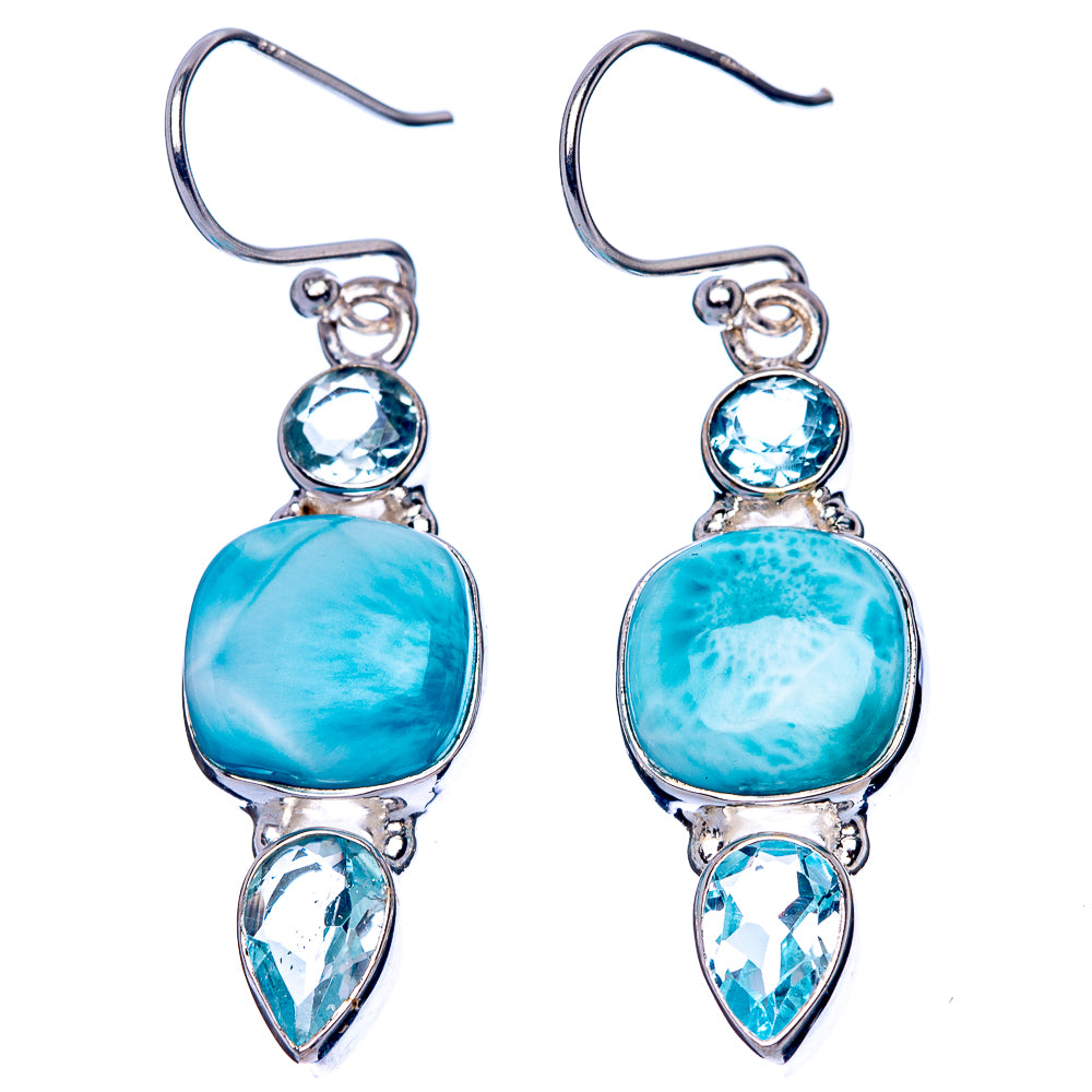 Sterling silver blue gemstone dangle earrings with round topaz, teardrop stones, and blue cabochon