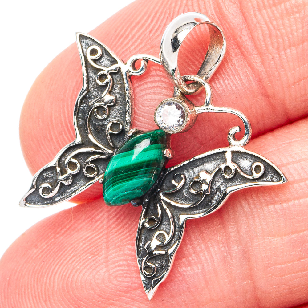 Butterfly pendant in 925 sterling silver with green malachite and white quartz accents