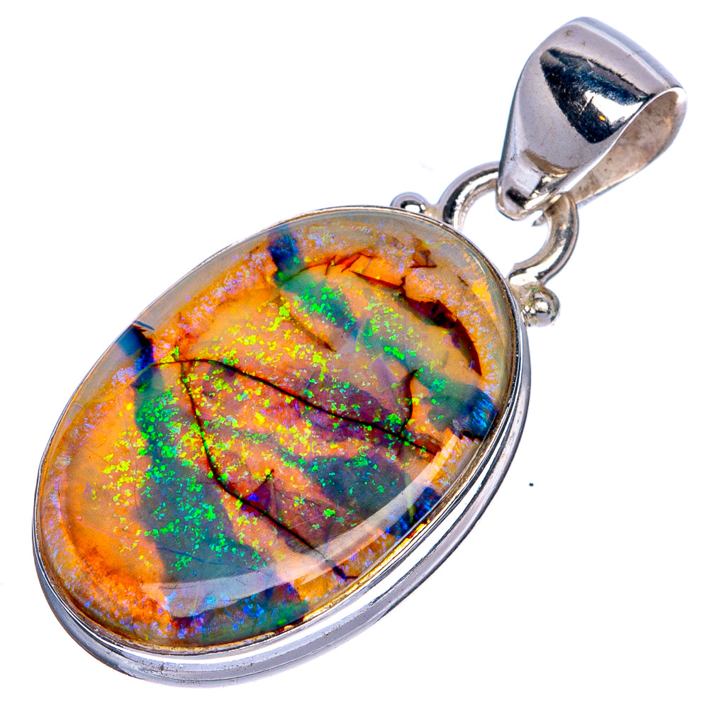 Oval opal pendant in sterling silver bezel with metal bail, fiery orange and blue-green pattern