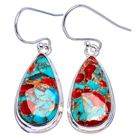 Sterling silver teardrop earrings with red coral and turquoise mosaic stone inlay