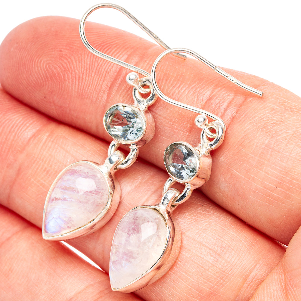 Rainbow Moonstone, Blue Topaz 925 Sterling Silver Earrings 1 5/8" (925 Sterling Silver) E2109