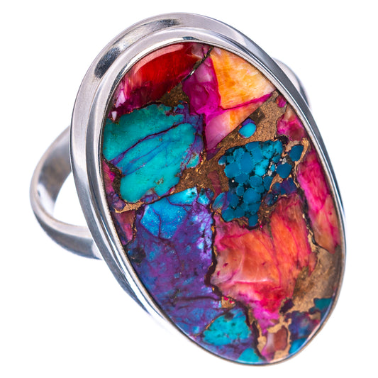 Oval bezel .925 sterling silver ring with blue-green turquoise and pink mosaic inlay