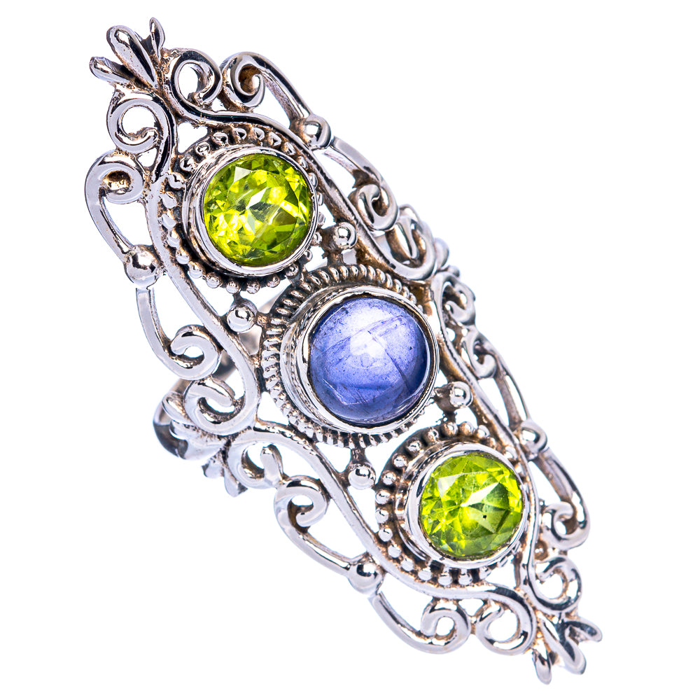 925 sterling silver ring with two green peridot and one blue tanzanite oval stone, filigree
