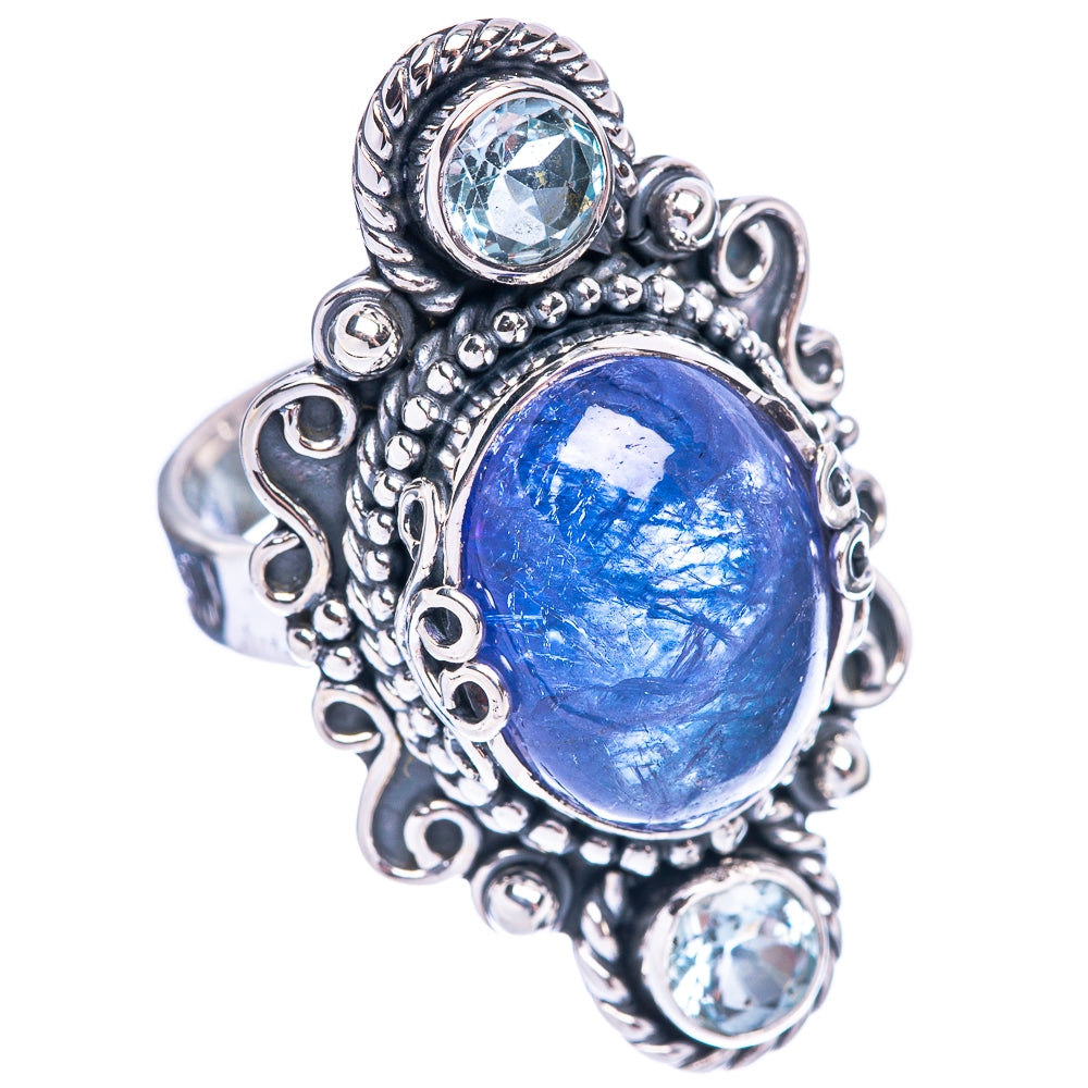 Sterling silver oval blue gemstone ring with bezel surround and round clear accents