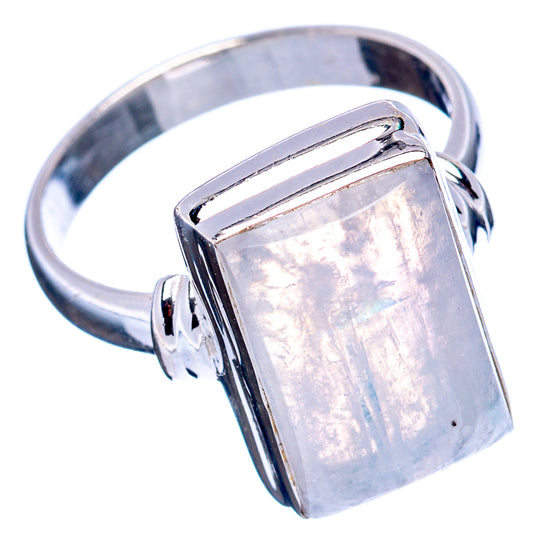 Sterling silver ring, rainbow moonstone rectangle cabochon with side cutout prongs, size 9