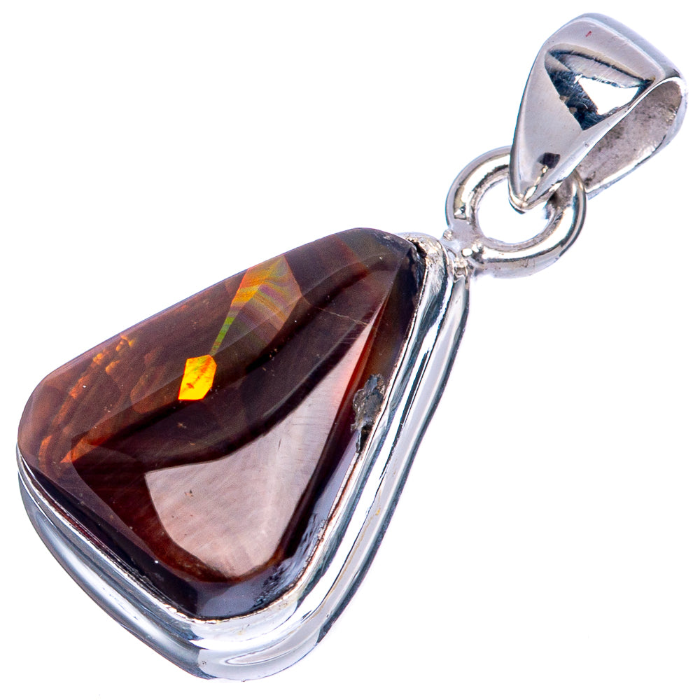Sterling silver fire agate pendant with elongated teardrop dark-brown gem and orange flash