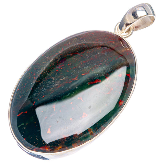Sterling silver oval bloodstone pendant with dark green stone and red speckles, with bail