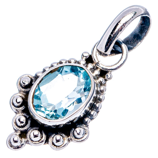 Blue topaz oval pendant in .925 sterling silver with round bead border and loop