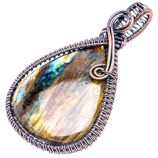 Oxidized copper wire-wrap teardrop pendant with multicolor labradorite flash and loop