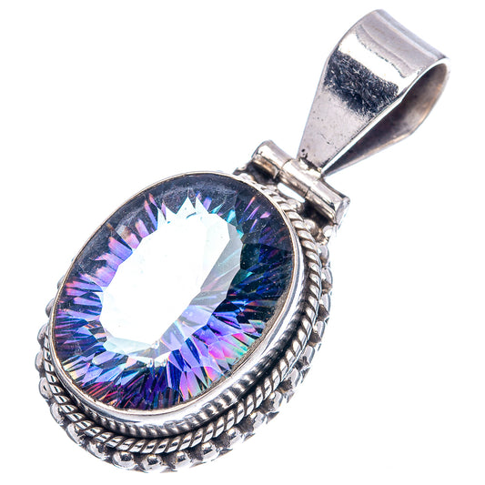 Sterling silver oval mystic topaz pendant with prong-set faceted gemstone and rope border.