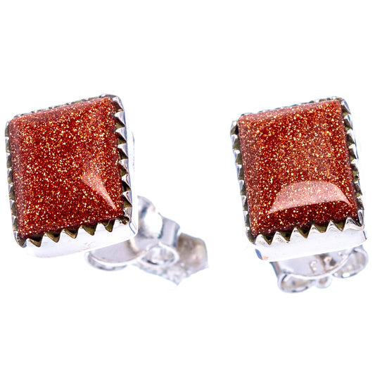 Square glitter brown stud earrings with silver prong bezel, visible post and back
