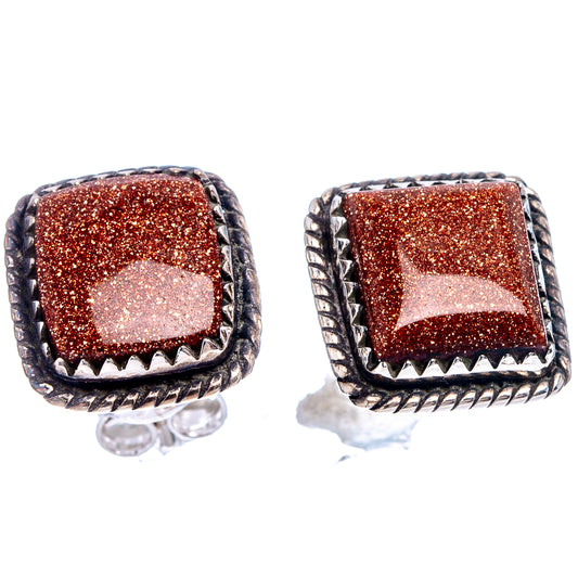 Goldstone earrings, square glitter red-brown stones in twisted silver bezels
